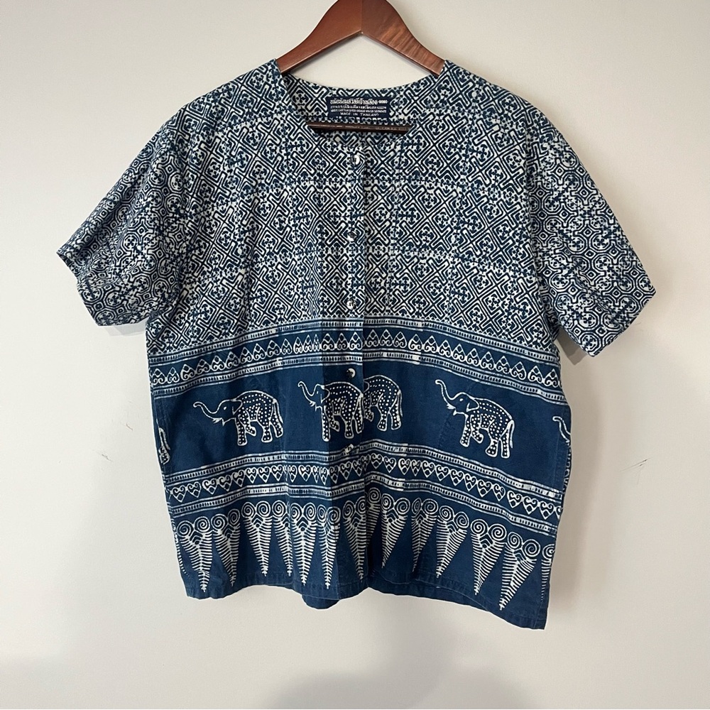 Blue Boho Elephant Print Short Sleeve Button Up Cotton Shirt